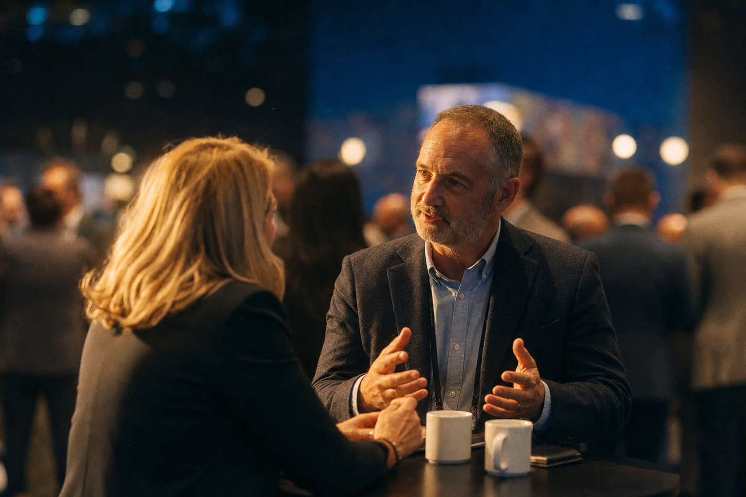 Two people in conversation at a conference
