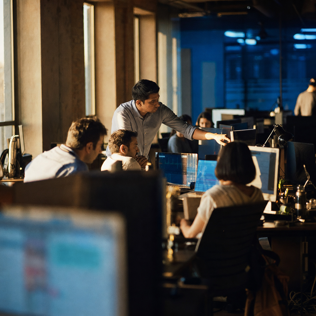 Operations team at work in late-afternoon light